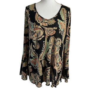 Venezia Blouse 14 16 Paisley Y2K Sheer Long Bell Sleeves Boho Black Blue Beige